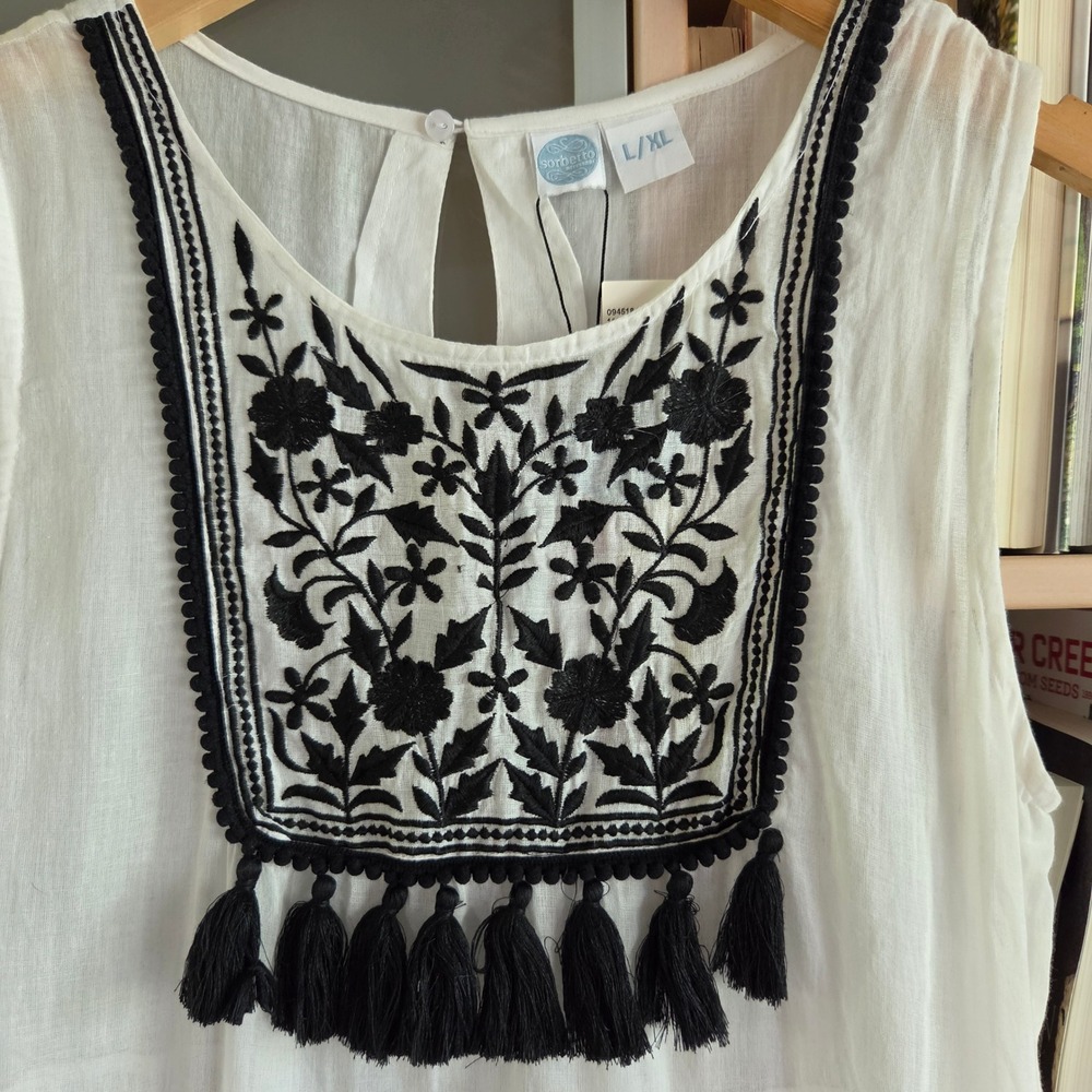 Sorbetto Sheer White Vestito Ornella Embroidered Tassel Midi Dress L/XL NEW - Picture 6 of 13